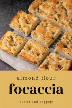 almond floured focaccia bread on a baking sheet with text overlay