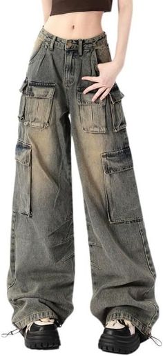 Baggy Jeans For Women, Cargo Pants For Women, Womens Boyfriend Jeans, Y2k Hip Hop, Grunge Clothes, Blue Cargo Pants, Workwear Jeans, Baggy Cargo Pants, Streetwear Grunge