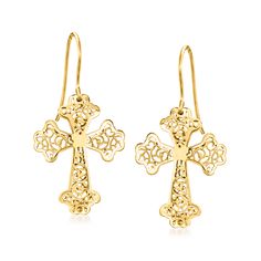 Ross-Simons - Italian 14kt Yellow Gold Lace Openwork Cross Drop Earrings. Who knew following your faith could be fashionable, too? Expertly crafted in Italy, our beautiful floriated cross drop earrings cast a warm glow with intricate lace openwork in satin and polished 14kt yellow gold. Hanging length is 1 1/4". Earwire, 14kt yellow gold lace openwork cross drop earrings. Gold Lace, Fine Jewellery Earrings, Teardrop Earrings, Floral Lace, Types Of Metal, Contemporary Style, Women's Earrings, Gold Color, Jewelry Watches