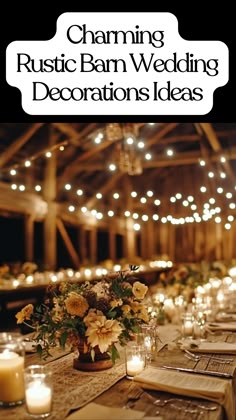 Rustic barn wedding decorations featuring warm lighting, wooden accents, charming table settings, and rustic centerpieces for a cozy celebration Wedding Table Wooden Centerpieces, Wagon Wheel Wedding Decor Rustic, Farm To Table Decorating Ideas, Barnhouse Wedding Rustic, Farm Theme Wedding Ideas, Elegant Country Wedding Ideas, Rustic Charm Wedding, Fall Western Wedding Table Decor, Rustic Wedding Sweetheart Table Ideas