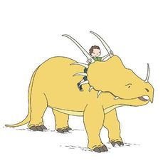 a man riding on the back of a yellow dinosaur