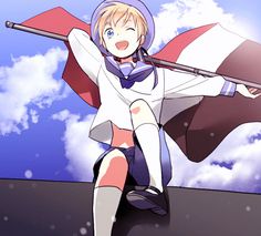 an anime character sitting on top of a roof with her arms outstretched in the air