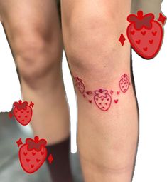 a woman's legs with red hearts on them and an image of strawberrys in the background