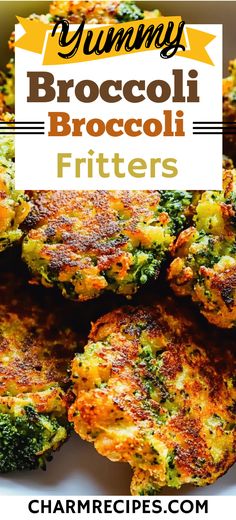 broccoli fritters on a white plate with the title in the middle