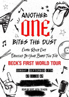 the poster for another one bites the dust, which features various musical instruments and symbols