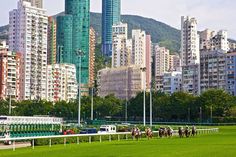 horses and jockeys on the track in front of tall buildings