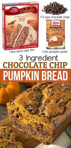 chocolate chip pumpkin bread recipe with 3 ingredients