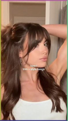 How to do your bangs! #bangs #hair #tutorial #trim #hairstyle @kenziemeads Hair Styles For Fringe, Flowy Bangs Long Hair, How To Cute Curtain Bangs Long Hair, Bang Trim Tutorial, Greasy Hairstyles With Bangs, How To Bangs Cut Tutorials, How To Take Care Of Bangs, Curtan Bang Styling, Modern Bangs Long Hair