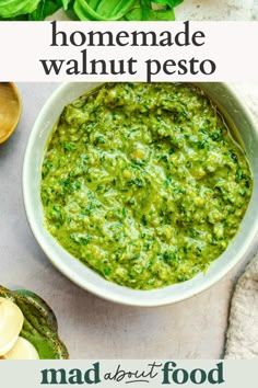 the recipe for homemade walnut pesto is in a white bowl