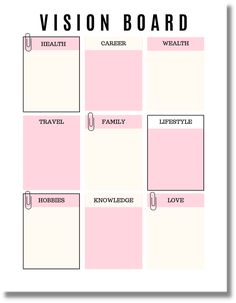 the vision board is shown in pink and white