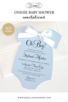 Celebrate the upcoming arrival of your new bundle of joy with this unique and charming blue onesie baby shower invitation! The perfect way to announce your new baby's gender, this light blue invitation features a white onesie with a bowtie design, topped with a bold and cheery "Oh Boy!" Script. Create a memorable keepsake with this custom baby shower invite that friends and family of the expecting parents will cherish. Blue Invitation, White Onesie