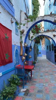 an alley way with blue walls and red chairs on either side, surrounded by potted plants