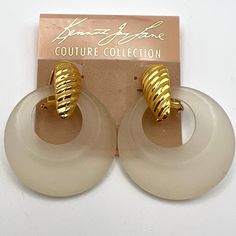 Kenneth Jay Lane 1990s Frosted Ice Door Knocker Pierced Earrings Frosted Clear Lucite 1 3/8" Circle Gold Tone Top And Lever Back Post 2" Total Length New On Card - Never Worn Lane Frost, Door Knocker, Door Knockers, Kenneth Jay Lane, Pierced Earrings, Earings Piercings, Jay, Gold Tones, Jewelry Earrings