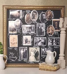 a black and white photo with many family photos on it next to a candle holder