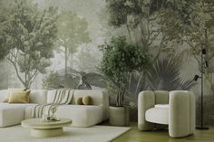 a living room with white furniture and green trees on the wall behind it, in front of a large mural