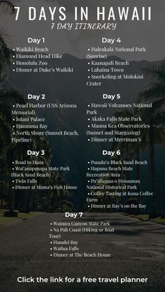 the 7 days in hawaii itiner list is shown with palm trees and blue sky