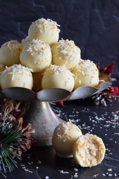 coconut shortbread truffles on a silver platter