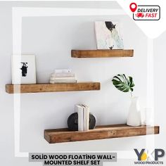 two wooden floating wall shelves with plants and books on them, one shelf has a plant in it