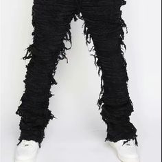 Stacked Flared Super Jeans Pants Comes With Free Beenie Hat Of Your Choice As A Thank You ( While Supplies Last If You Mention It In Dm ) Black Ripped Wide Leg Bottoms, Ripped Wide Leg Black Bottoms, Black Wide Leg Ripped Bottoms, High Waist Ripped Black Pants, Distressed Stretch Pants For Streetwear, Black Ripped Edgy Pants, Black Ripped Wide Leg Pants, Edgy Black Ripped Pants, Ripped Black Pants For Streetwear