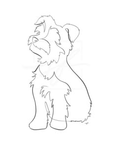 a black and white drawing of a dog with its head turned to the side, sitting down