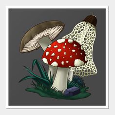 a painting of two mushrooms in the grass