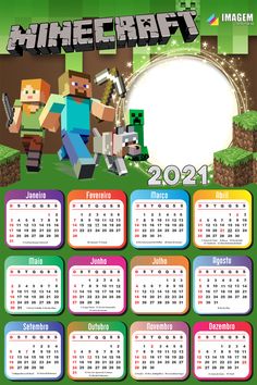 a calendar for the new year with an image of minecraft characters in front of it