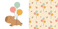 a brown dog holding balloons in it's mouth next to a wallpaper pattern