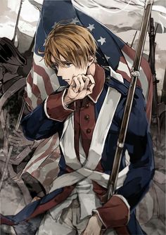 an anime character holding a flag and pointing to the side with his hand on his chin