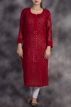 Red Chickenkari Kurti, Lakhnavi Kurti Designs Latest, Chikan Kurti Designs Latest, Red Kurta Women Indian, Chickenkari Kurti Designs Latest, Red Kurti Design Style, Chikankari Kurti Designs Latest, Lakhnavi Kurta Design, Red Chikankari Kurta