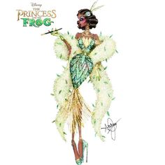 the princess and the frog character is dressed up as a woman with feathers on her head