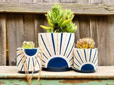 three pots with succulents in them sitting on a shelf next to a fence