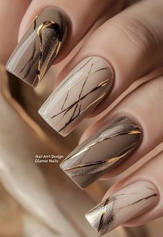 Beige Silver Nails, Earth Tone Marble Nails, Taupe Gold Nails, Classy Squoval Nails, Nail Art Champagne, Fancy Nail Designs Classy Bling, Gold Lines On Nails, Brown Nails With Gold Foil, Cuffing Nail Design