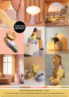 a collage of photos with different colors and shapes on them, including an egg shaped chair