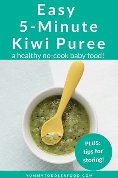 the recipe for kiwi puree is in a white bowl with a yellow spoon