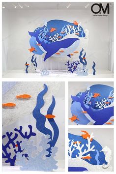 several different images of blue and orange paper cutouts with corals, fish, and seaweed