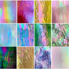 the different colors of paint are shown in this collage, including pink, green, yellow and blue