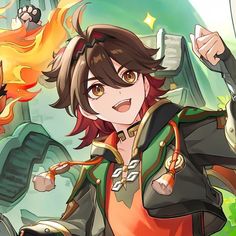 an anime character is standing in front of a fire with her arms up and two other characters behind her