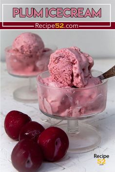 plum ice cream in a glass bowl with cherries