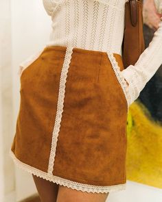 Free shipping on orders over $69. Shop the lace trim suede skirt - khaki - xs,s,m,l,xl at RIHOAS. Tailored Clothes, Retro Clothing, Velvet Skirt, Suede Dress, Suede Skirt, Velvet Pants, Suede Fabric, Mini Velvet Dress, Fashion Design Clothes