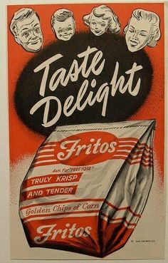 an old advertisement for fritos from the 1950's, with people looking at it