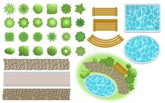 the top view of swimming pool and garden with trees, bushes and benches royalty illustration