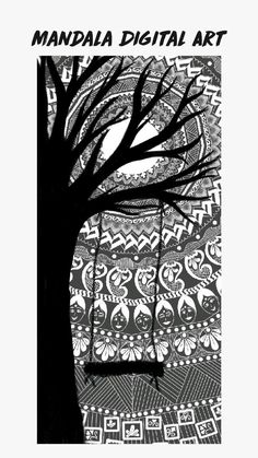 a black and white image of a tree with the words manda digital art on it