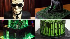 four different pictures of green and black cakes with faces on them, including a man in a suit