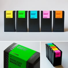 four different colored boxes with labels on them and one is black, the other has bright colors