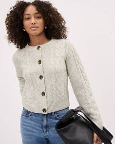 Made with cable stitches, this short buttoned-down cardigan topped with a crew neckline is a classic piece to add to your wardrobe. Wear it by itself with a pair of jeans or open over a solid tee.

Fit & Cut
- Classic Fit: Slightly contours your body with a little extra room
- Long sleeves
- 19.5'' front body length (size M)

Design Details
- Stretch knit: contains wool
- Cable stitches
- Crew neckline
- Buttoned-down front
- Ribbed trims
- Shorter length Cable Knit Sweater Outfit, Knit Sweater Outfit, Grey Cable Knit Sweater, M Design, Crew Neck Cardigan, Cable Stitch, Short Cardigan, Cardigan Top, Coats Jackets Women