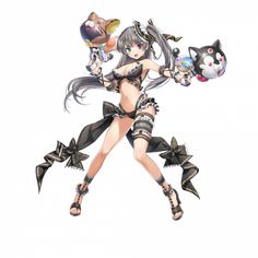 an anime character is posing with two cats on her shoulder and one cat in the other hand