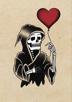 a skeleton holding a heart shaped balloon