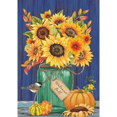 a painting of sunflowers and pumpkins in a mason jar with a price tag