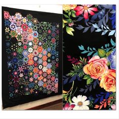 two quilts with flowers on them are next to each other and one is black