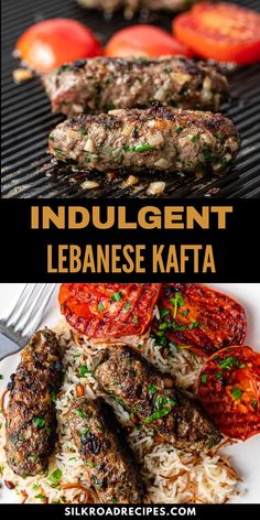 an image of meat and vegetables on the grill with text overlay that reads indulgenti lebanese kafta